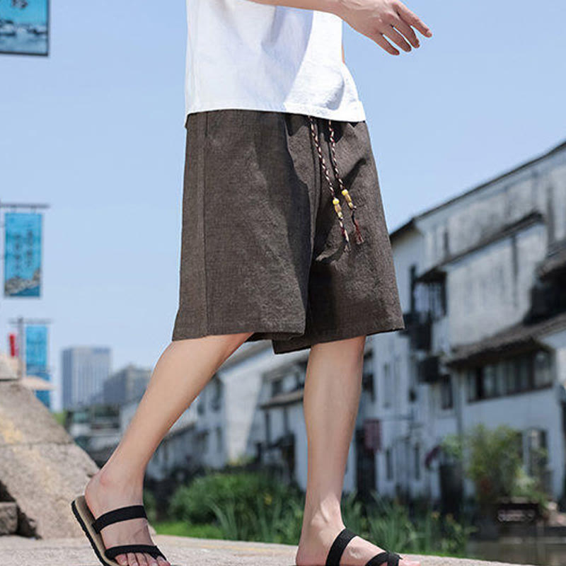 Buddha Stones織りウエストロープビーズクロップド丈リネンメンズショートパンツ（ポケット付き） - image 13