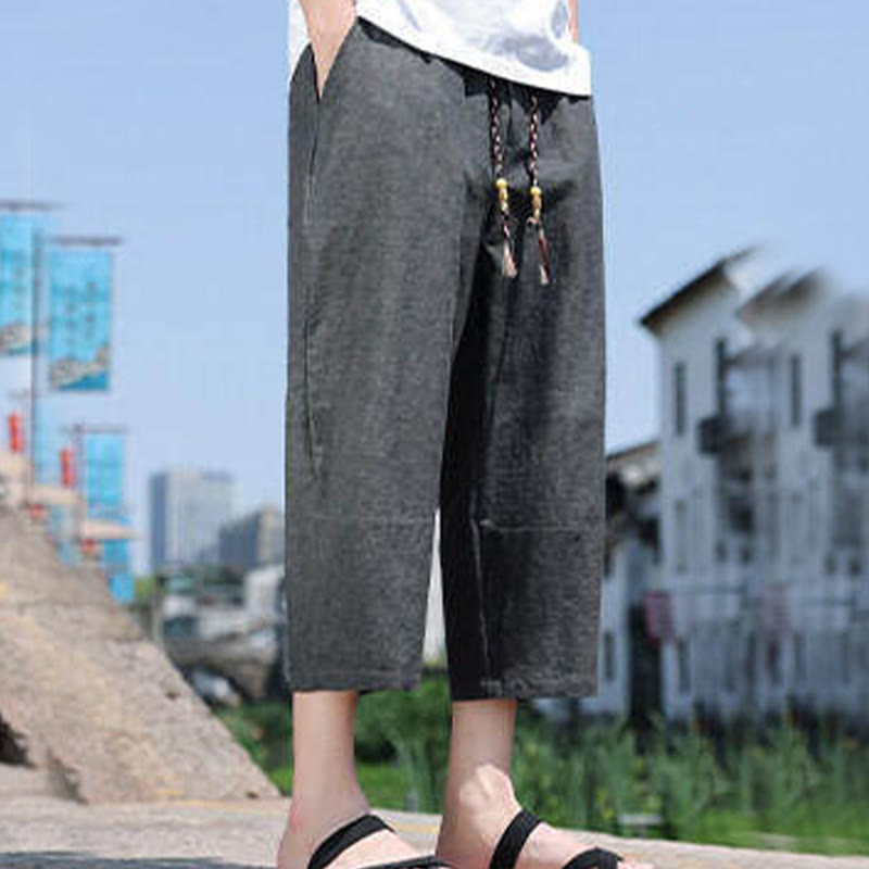 Buddha Stonesカジュアル織りビーズウエストロープメンズ7-8丈スパンデックスパンツ ポケット付き - image 1