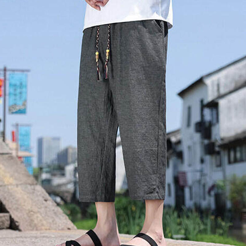Buddha Stonesカジュアル織りビーズウエストロープメンズ7-8丈スパンデックスパンツ ポケット付き - image 5