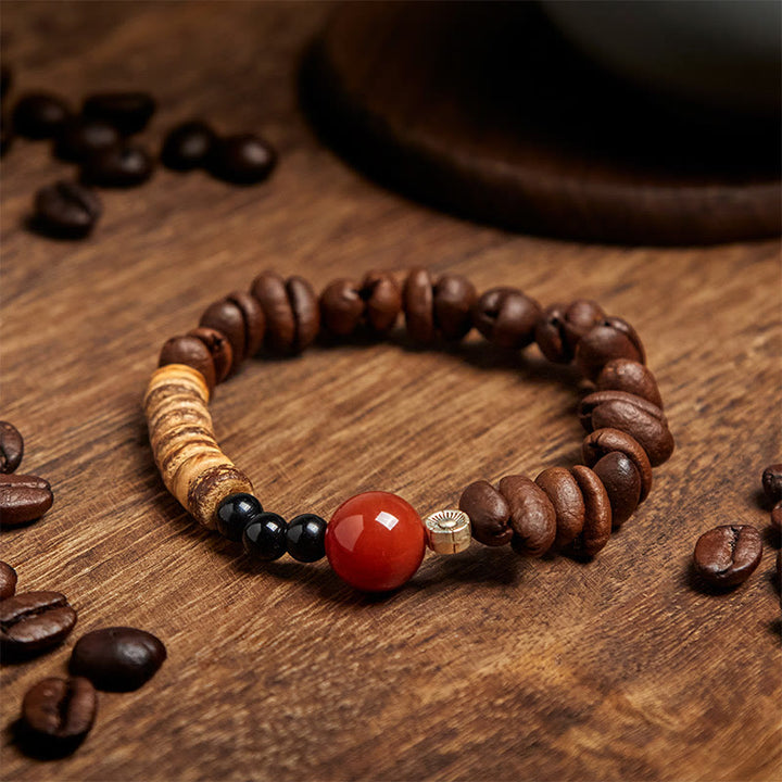 Buddha Stones天然コーヒー豆 赤瑪瑙 ココナッツシェルビーズ ブレスレット - コーヒー豆（手首周り：16cm） - image 1