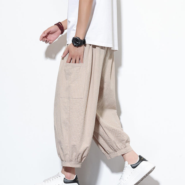 Buddha Stonesカジュアルストライプ メンズ コットン 7-8丈 ハーレムパンツ ポケット付き - ビスク - US/UK/AU46、 EU56 (5XL) - image 0