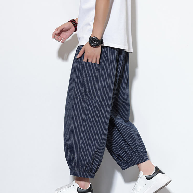 Buddha Stonesカジュアルストライプ メンズ コットン 7-8丈 ハーレムパンツ ポケット付き - ダークブルー - US/UK/AU46、 EU56 (5XL) - image 37