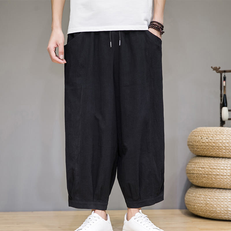 Buddha Stonesカジュアル 無地 メンズ コットン 7-8丈 ハーレムパンツ ポケット付き - 黒 - US/UK/AU46、 EU56 (5XL) - image 19