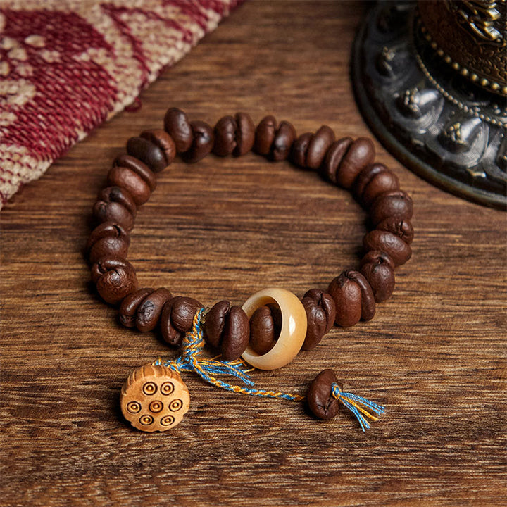 Buddha Stones、天然蓮の実、コーヒー豆、ウェンジウッドの菩提樹の実のブレスレット - コーヒービーン（手首周り：17.5cm） - image 1