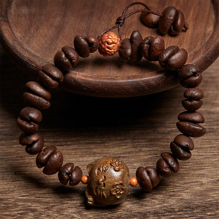 Buddha Stones手作りの招き猫と本物のコーヒー豆の白檀ブレスレット - image 2