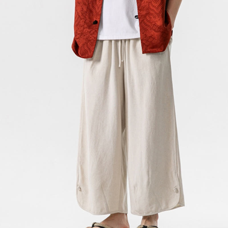 Buddha Stonesカジュアル ルーズ フロッグボタン 無地 メンズ コットンリネン 7-8丈パンツ ポケット付き - ベージュ - US/UK/AU46、 EU56 (5XL) - image 0