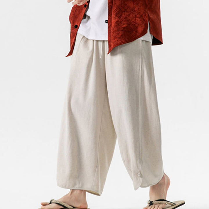 Buddha Stonesカジュアル ルーズ フロッグボタン 無地 メンズ コットンリネン 7-8丈パンツ ポケット付き - image 7