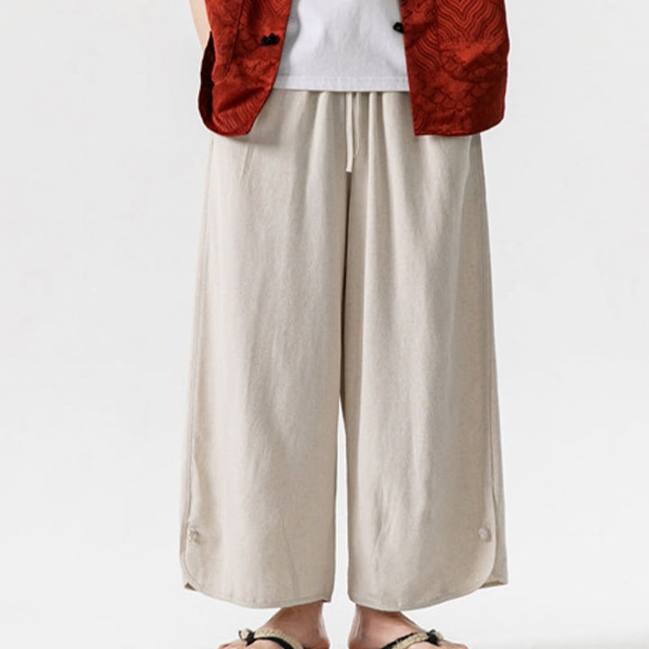 Buddha Stonesカジュアル ルーズ フロッグボタン 無地 メンズ コットンリネン 7-8丈パンツ ポケット付き - image 7
