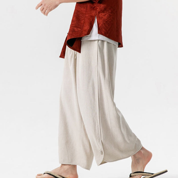 Buddha Stonesカジュアル ルーズ フロッグボタン 無地 メンズ コットンリネン 7-8丈パンツ ポケット付き - image 2