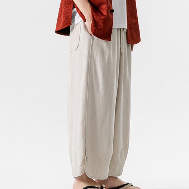 Buddha Stonesカジュアル ルーズ フロッグボタン 無地 メンズ コットンリネン 7-8丈パンツ ポケット付き - image 4