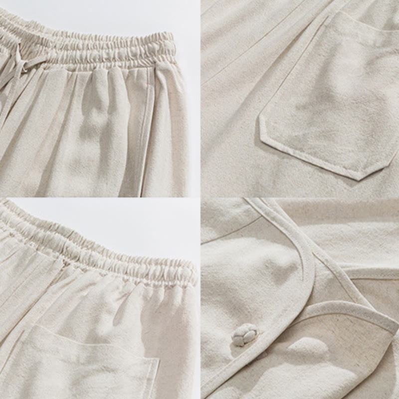 Buddha Stonesカジュアル ルーズ フロッグボタン 無地 メンズ コットンリネン 7-8丈パンツ ポケット付き - image 9