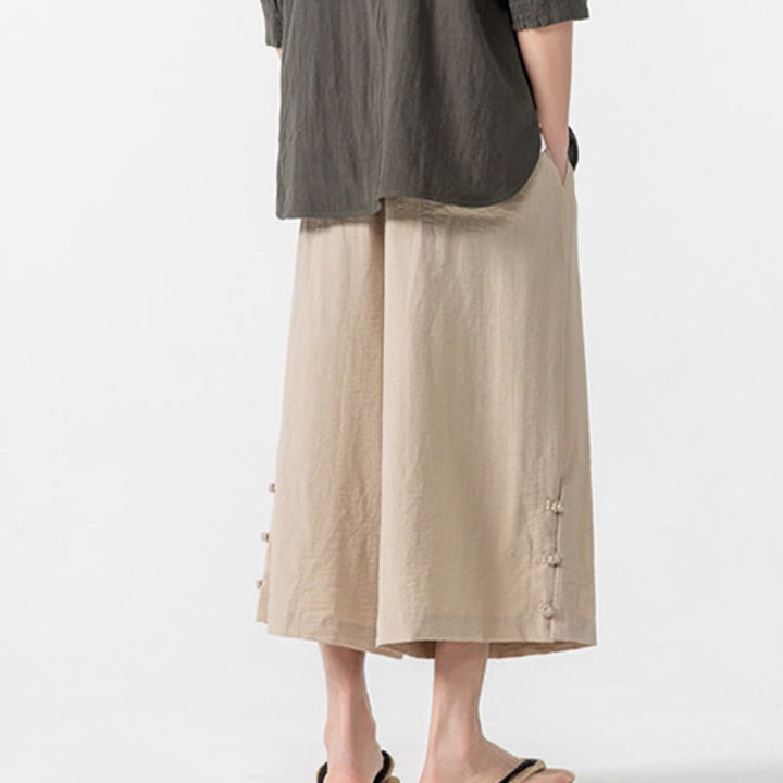 Buddha Stonesカジュアル ルーズ フロッグボタン 無地 メンズ コットン 7-8丈 ワイドレッグパンツ ポケット付き - image 5