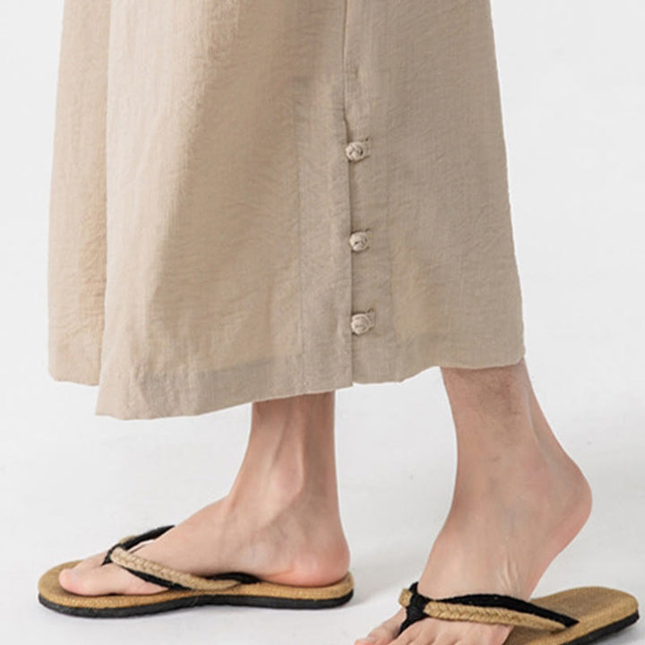 Buddha Stonesカジュアル ルーズ フロッグボタン 無地 メンズ コットン 7-8丈 ワイドレッグパンツ ポケット付き - image 8