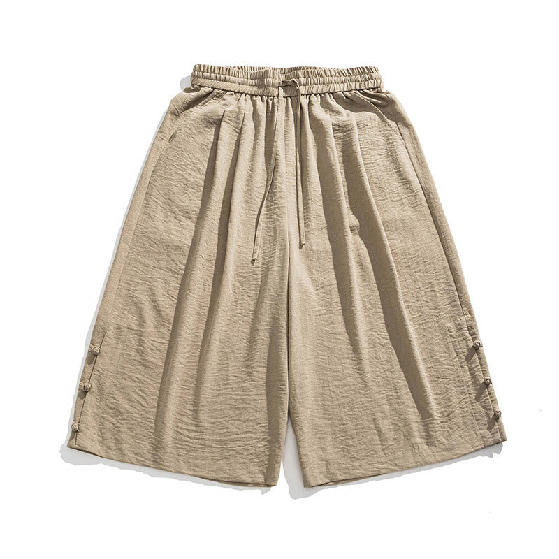 Buddha Stonesカジュアル ルーズ フロッグボタン 無地 メンズ コットン 7-8丈 ワイドレッグパンツ ポケット付き - image 2