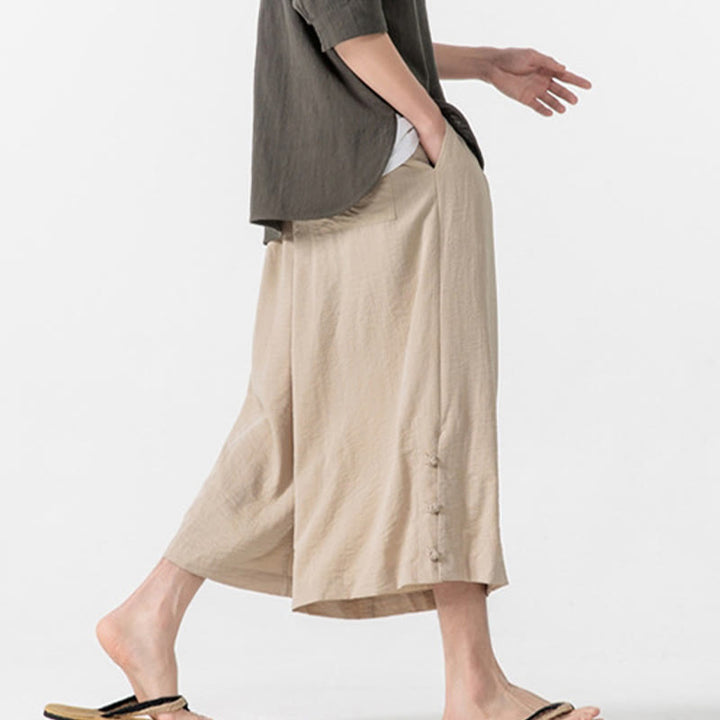 Buddha Stonesカジュアル ルーズ フロッグボタン 無地 メンズ コットン 7-8丈 ワイドレッグパンツ ポケット付き - image 7