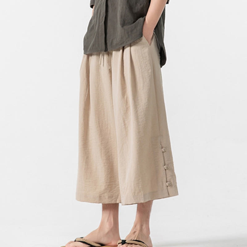 Buddha Stonesカジュアル ルーズ フロッグボタン 無地 メンズ コットン 7-8丈 ワイドレッグパンツ ポケット付き - image 3