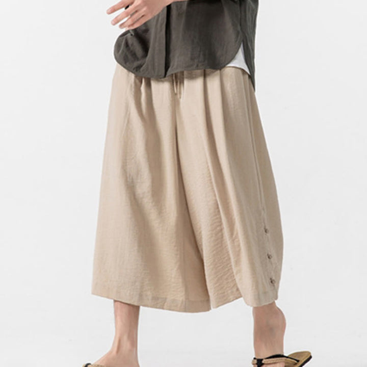 Buddha Stonesカジュアル ルーズ フロッグボタン 無地 メンズ コットン 7-8丈 ワイドレッグパンツ ポケット付き - image 5