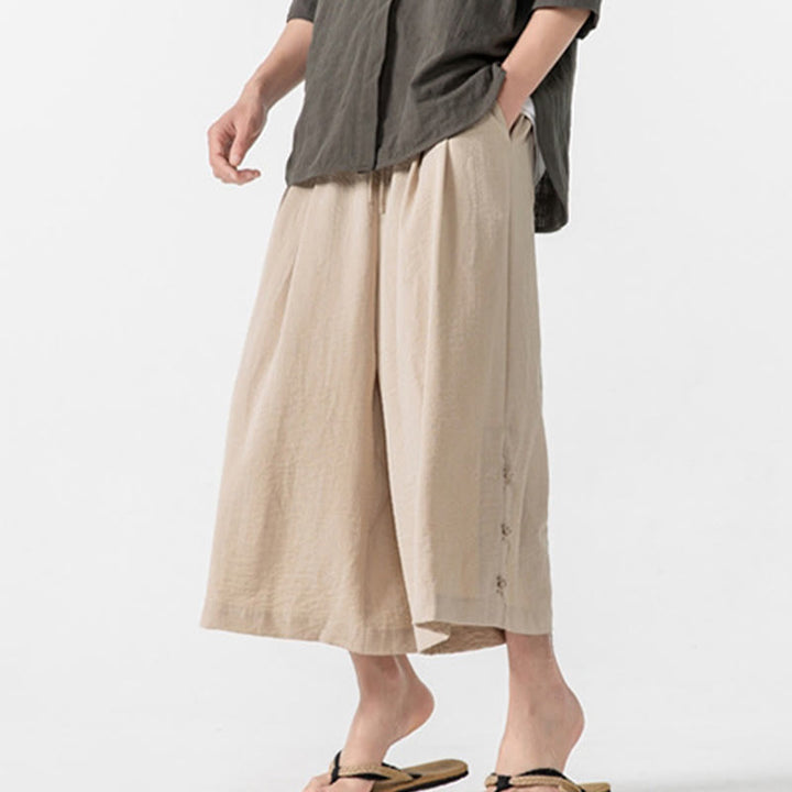 Buddha Stonesカジュアル ルーズ フロッグボタン 無地 メンズ コットン 7-8丈 ワイドレッグパンツ ポケット付き - image 9