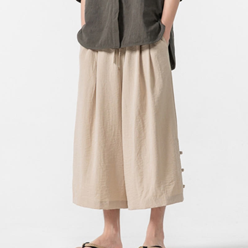 Buddha Stonesカジュアル ルーズ フロッグボタン 無地 メンズ コットン 7-8丈 ワイドレッグパンツ ポケット付き - パパイヤホイップ - US/UK/AU46、 EU56 (5XL) - image 0