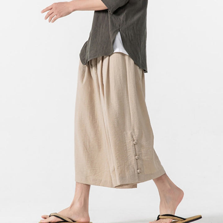 Buddha Stonesカジュアル ルーズ フロッグボタン 無地 メンズ コットン 7-8丈 ワイドレッグパンツ ポケット付き - image 14