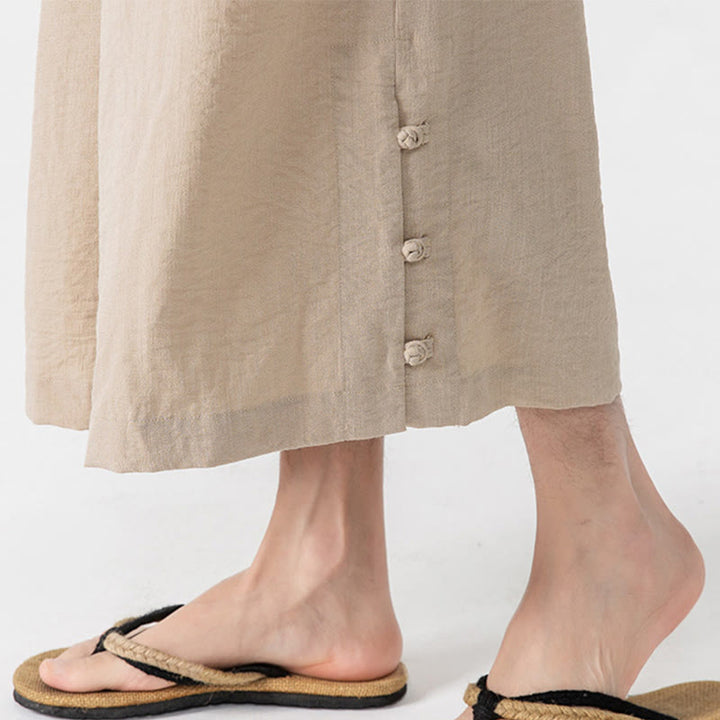 Buddha Stonesカジュアル ルーズ フロッグボタン 無地 メンズ コットン 7-8丈 ワイドレッグパンツ ポケット付き - image 9