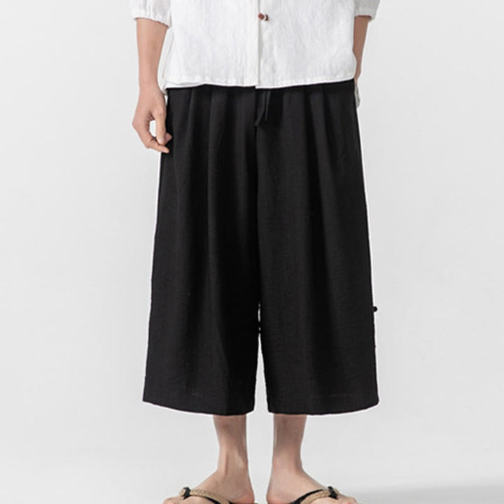 Buddha Stonesカジュアル ルーズ フロッグボタン 無地 メンズ コットン 7-8丈 ワイドレッグパンツ ポケット付き - 黒 - US/UK/AU46、 EU56 (5XL) - image 16