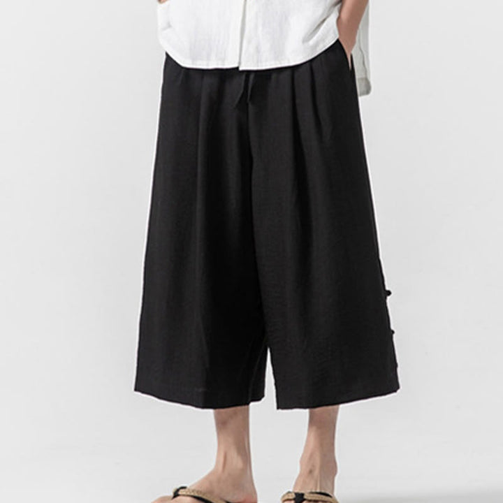 Buddha Stonesカジュアル ルーズ フロッグボタン 無地 メンズ コットン 7-8丈 ワイドレッグパンツ ポケット付き - image 17