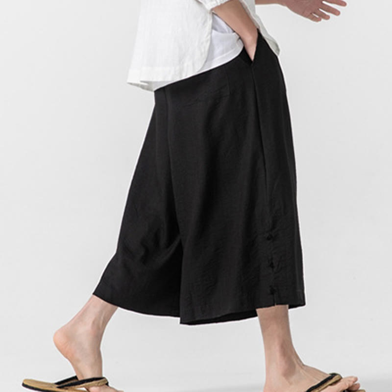 Buddha Stonesカジュアル ルーズ フロッグボタン 無地 メンズ コットン 7-8丈 ワイドレッグパンツ ポケット付き - image 21
