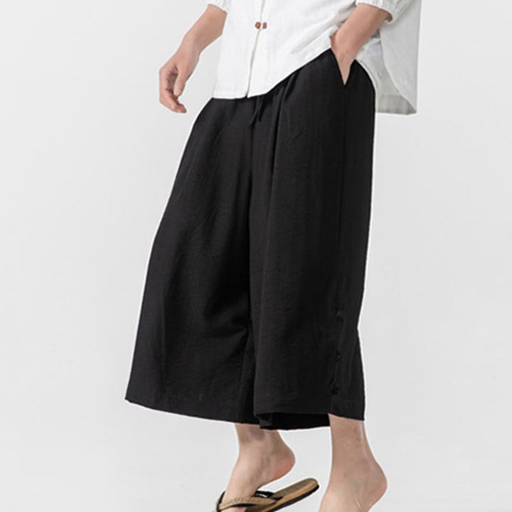 Buddha Stonesカジュアル ルーズ フロッグボタン 無地 メンズ コットン 7-8丈 ワイドレッグパンツ ポケット付き - image 21