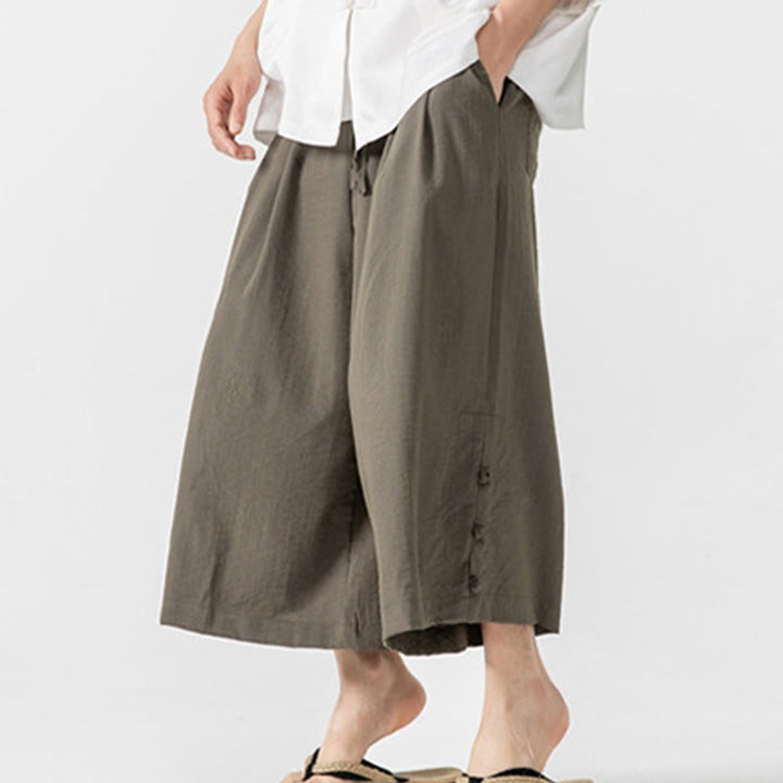 Buddha Stonesカジュアル ルーズ フロッグボタン 無地 メンズ コットン 7-8丈 ワイドレッグパンツ ポケット付き - オリーブ - US/UK/AU46、 EU56 (5XL) - image 25