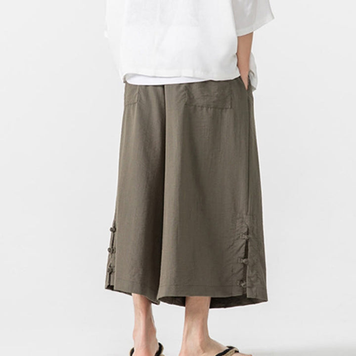 Buddha Stonesカジュアル ルーズ フロッグボタン 無地 メンズ コットン 7-8丈 ワイドレッグパンツ ポケット付き - image 30