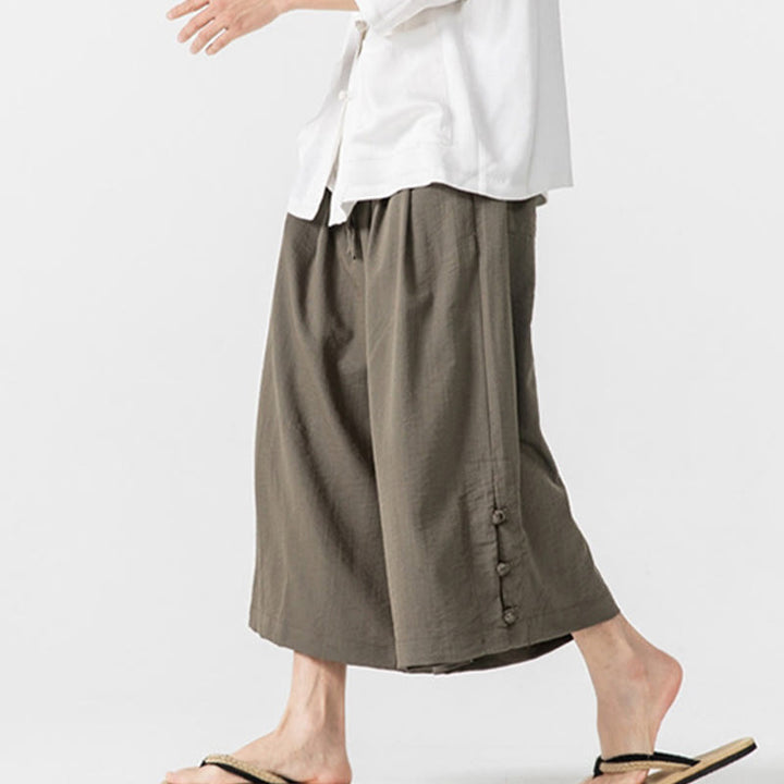 Buddha Stonesカジュアル ルーズ フロッグボタン 無地 メンズ コットン 7-8丈 ワイドレッグパンツ ポケット付き - image 27