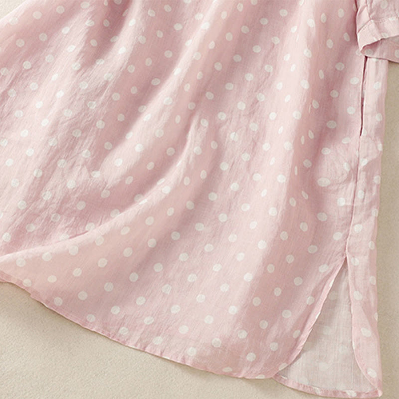 Buddha Stones春 ドット柄 ボタン スタンドカラー ポリエステル ミディドレス ポケット付き - image 15