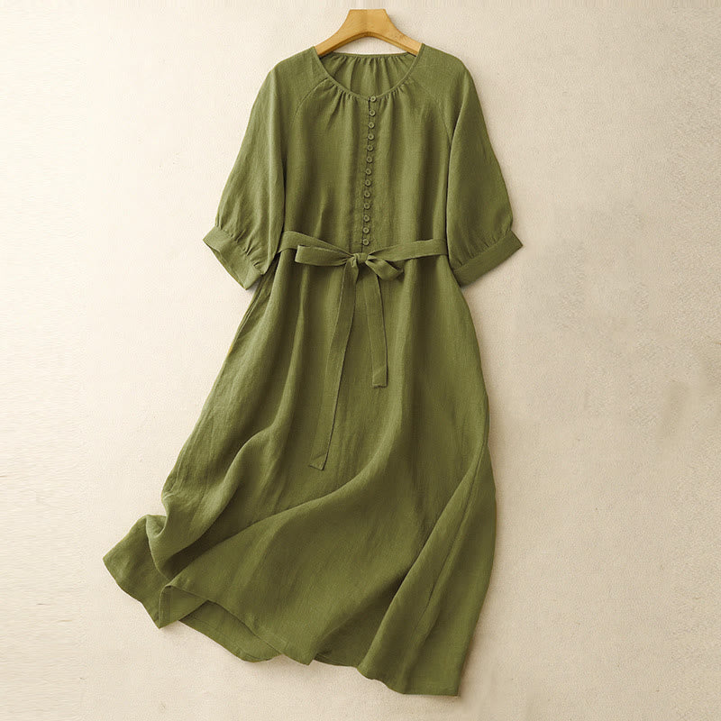 Buddha Stones春 無地 クルーネック レースアップ ハーフスリーブ コットンリネン ミディドレス - オリーブドラブ - US14、 UK/AU18、 EU46 (2XL) - image 0