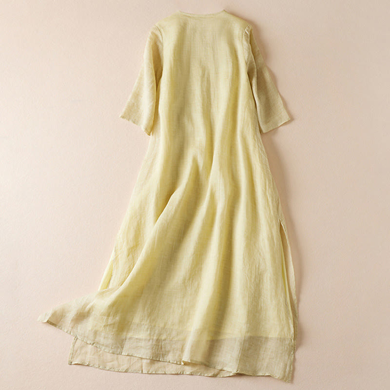 Buddha Stones刺繍リーフクルーネックハーフスリーブファイバーミディド​​レス - image 1