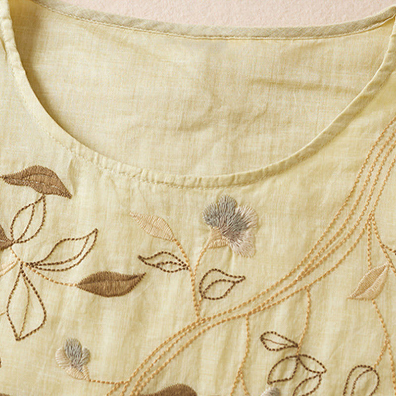 Buddha Stones刺繍リーフクルーネック半袖コットンファイバーミディドレス - image 3