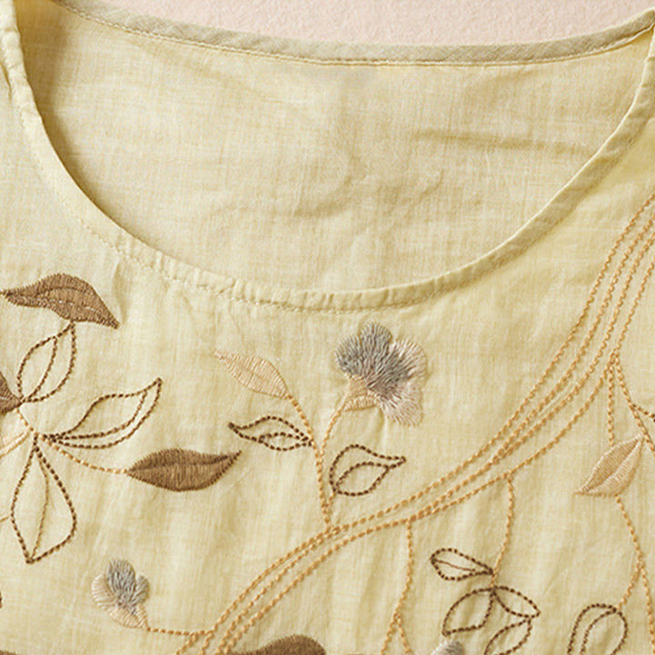 Buddha Stones刺繍リーフクルーネック半袖コットンファイバーミディドレス - image 3