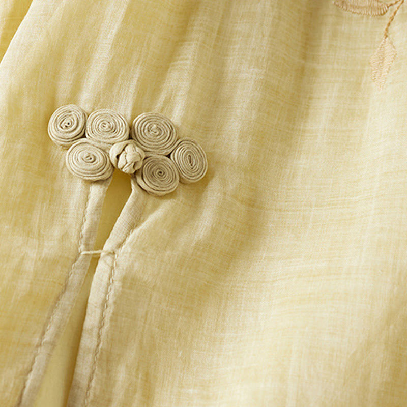 Buddha Stones刺繍リーフクルーネックハーフスリーブファイバーミディド​​レス - image 4