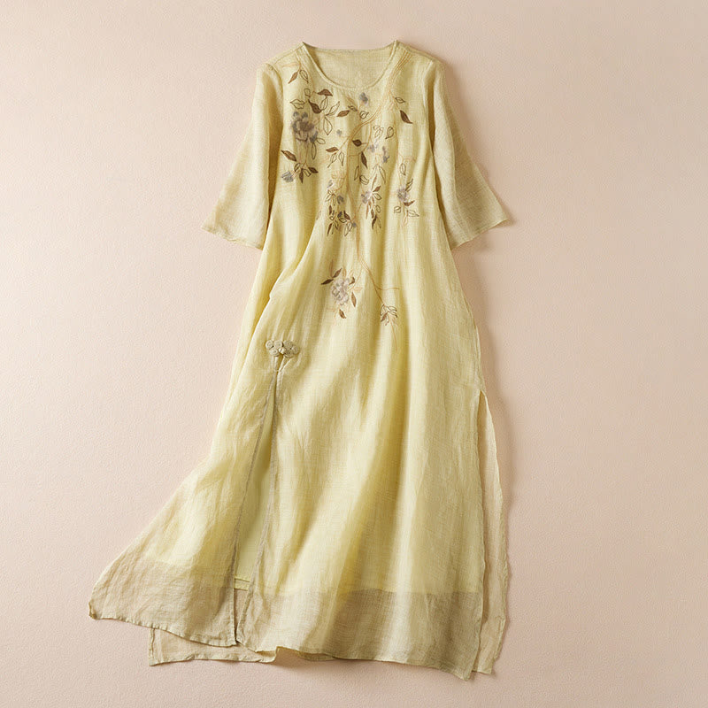 Buddha Stones刺繍リーフクルーネック半袖コットンファイバーミディドレス - カーキ - US8-10，UK/AU12-14，EU40-42 (2XL) - image 0