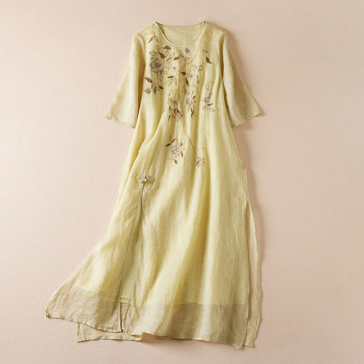Buddha Stones刺繍リーフクルーネック半袖コットンファイバーミディドレス - カーキ - US8-10，UK/AU12-14，EU40-42 (2XL) - image 0