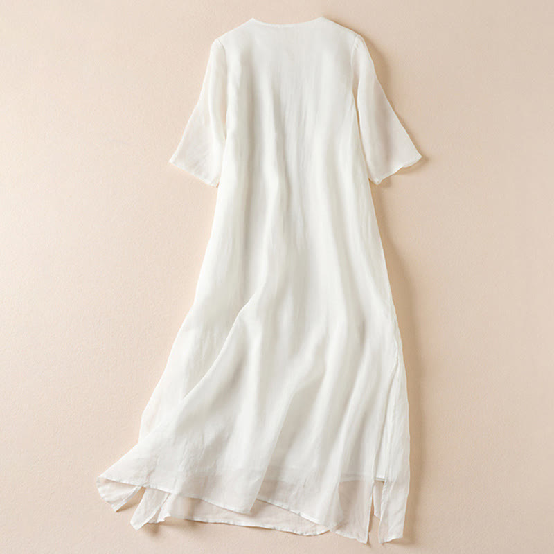 Buddha Stones刺繍リーフクルーネック半袖コットンファイバーミディドレス - image 8