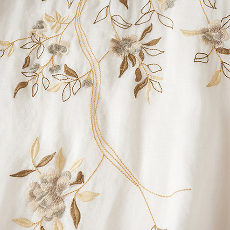 Buddha Stones刺繍リーフクルーネック半袖コットンファイバーミディドレス - image 11