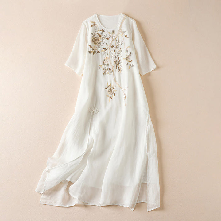 Buddha Stones刺繍リーフクルーネック半袖コットンファイバーミディドレス - 雪 - US8-10，UK/AU12-14，EU40-42 (2XL) - image 7