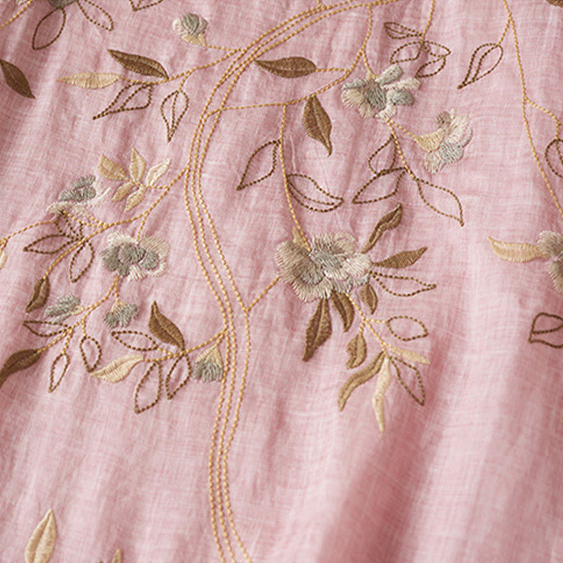 Buddha Stones刺繍リーフクルーネック半袖コットンファイバーミディドレス - image 20