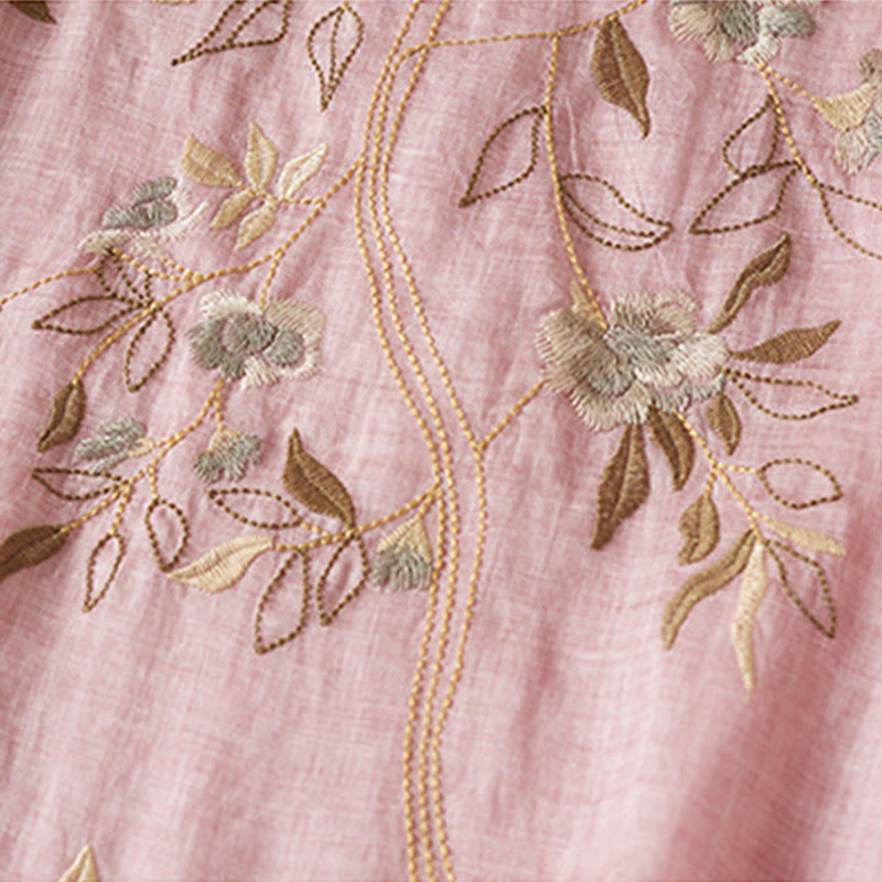 Buddha Stones刺繍リーフクルーネック半袖コットンファイバーミディドレス - image 18