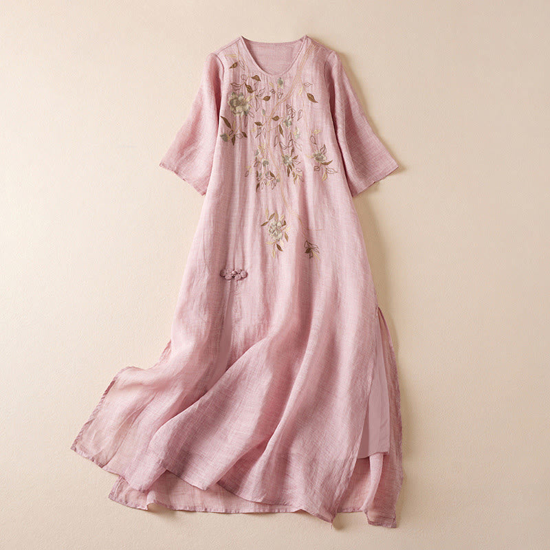 Buddha Stones刺繍リーフクルーネック半袖コットンファイバーミディドレス - ピンク - US8-10，UK/AU12-14，EU40-42 (2XL) - image 14