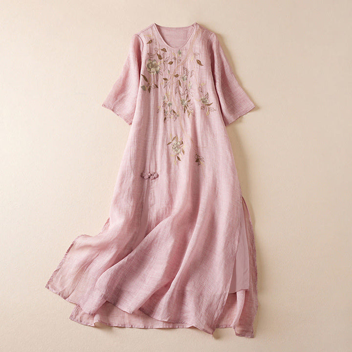 Buddha Stones刺繍リーフクルーネック半袖コットンファイバーミディドレス - ピンク - US8-10，UK/AU12-14，EU40-42 (2XL) - image 14