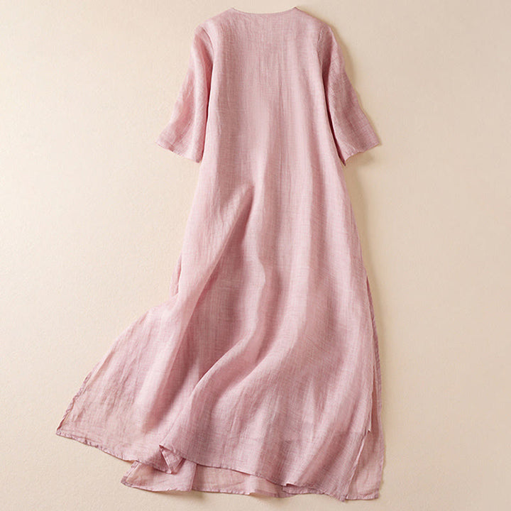 Buddha Stones刺繍リーフクルーネックハーフスリーブファイバーミディド​​レス - image 15