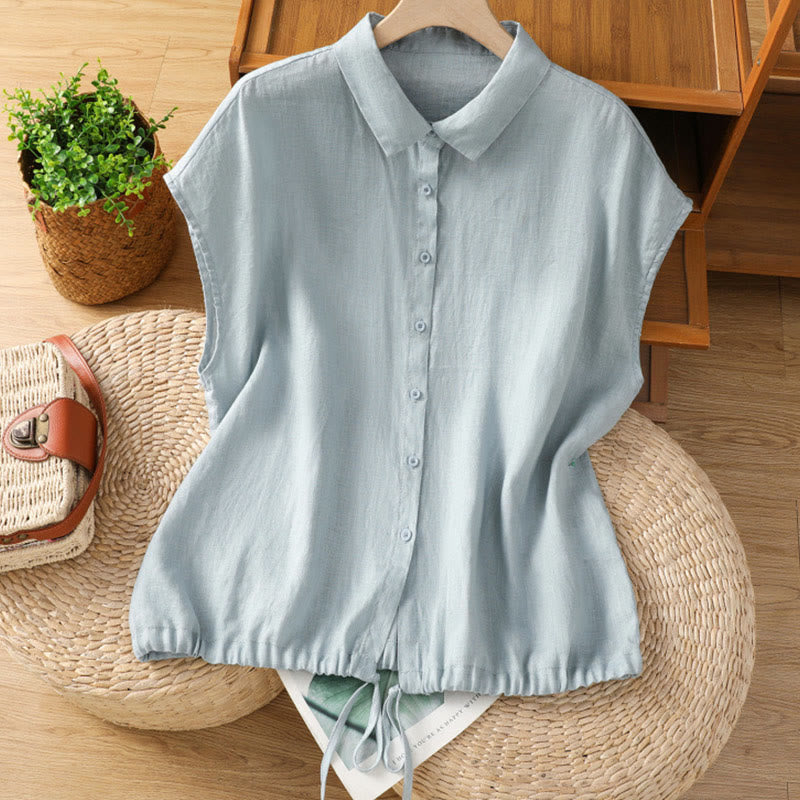 Buddha Stones夏 無地 ボタン 半袖 レディース コットンシャツ - ライトブルー - US14、 UK/AU18、 EU46 (2XL) - image 0