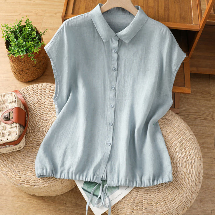 Buddha Stones夏 無地 ボタン 半袖 レディース コットンシャツ - ライトブルー - US14、 UK/AU18、 EU46 (2XL) - image 0